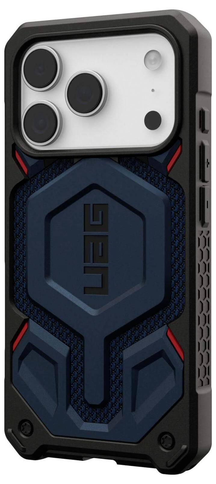 Wytrzymały pokrowiec na telefon z niebieskim wzorem geometrycznym i logo 'UAG', zaprojektowany do ochrony z wzmocnionymi narożnikami i solidną ramką.