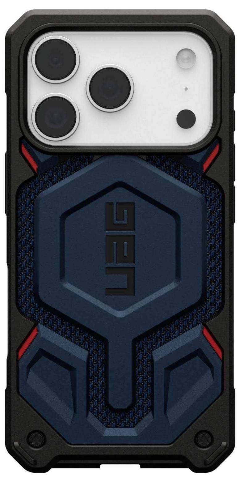 Smartfon z wytrzymałą, czarno-niebieską obudową ochronną z geometrycznymi wzorami i literami 'UAG' z tyłu.