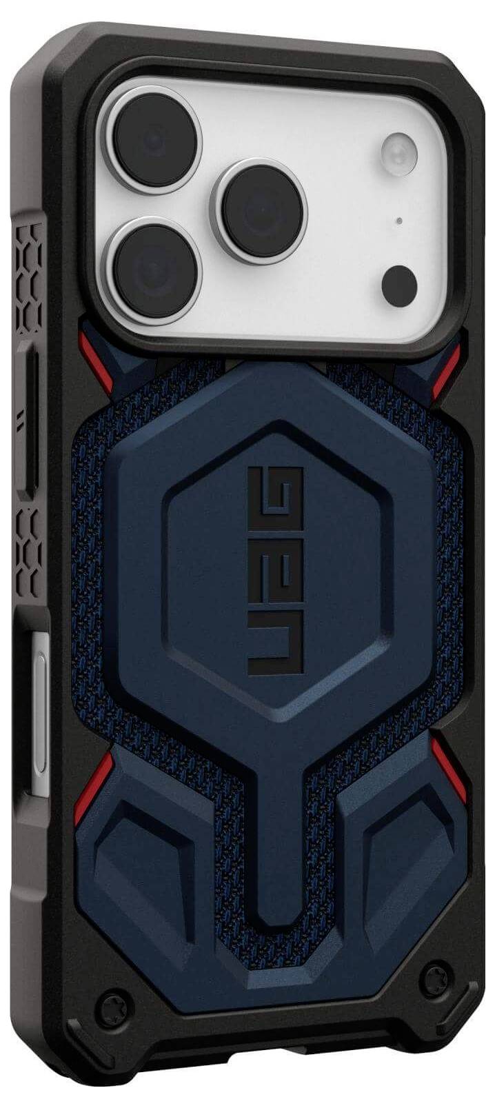 Wytrzymały futerał na smartfona z niebieskim, teksturowanym wzorem heksagonalnym, zaprojektowany z myślą o trwałości i wyposażony w wyraźne wycięcia na aparat oraz przyciski.