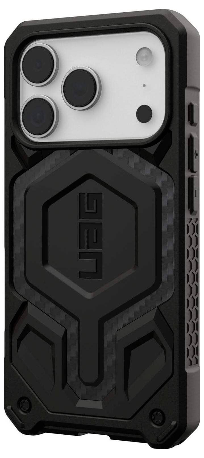Smartfon w wytrzymałej, czarno-szarej obudowie z dużymi wycięciami na aparat i teksturą zapewniającą pewny chwyt, zaprojektowany z myślą o wytrzymałości i ochronie.