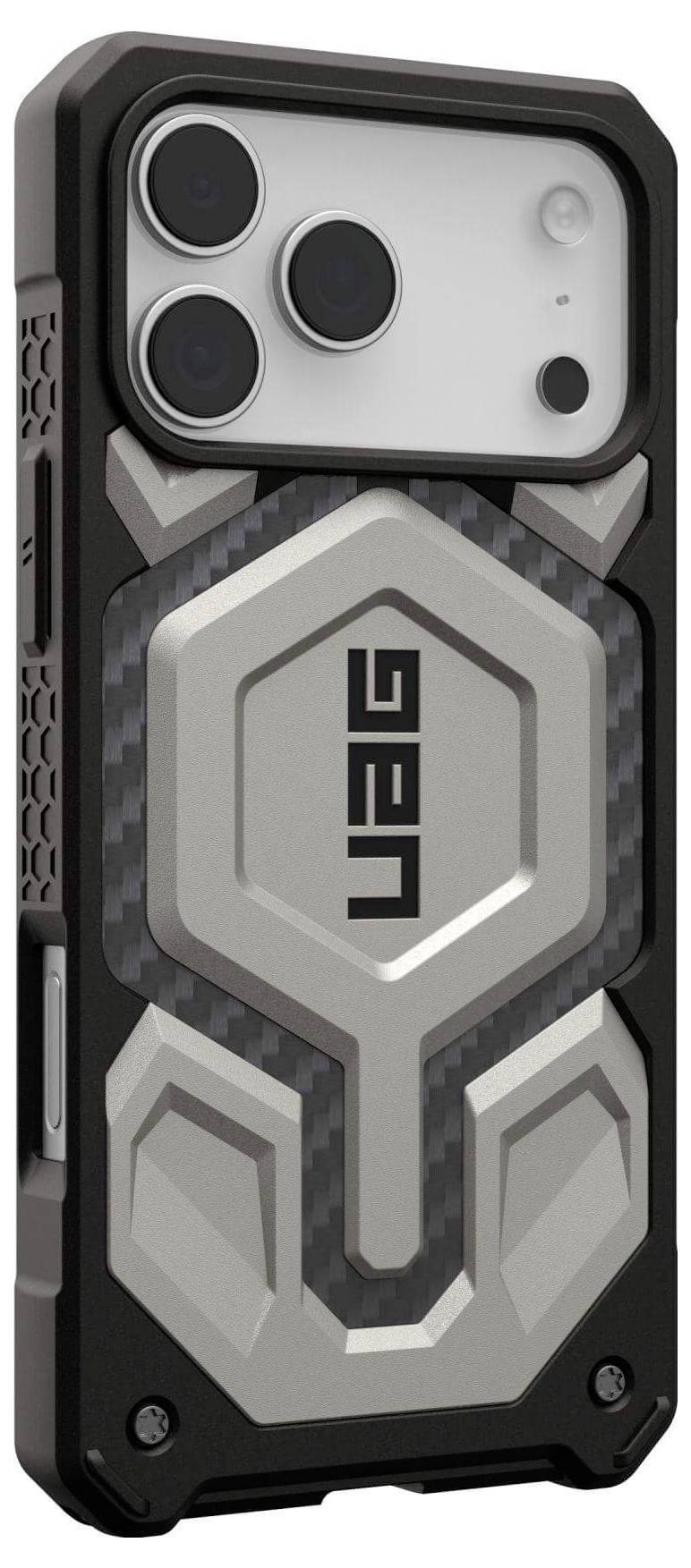 Wytrzymały, czarno-srebrny ochronny pokrowiec na telefon z sześciokątnym wzorem i dużym wycięciem na aparat, zaprojektowany z myślą o trwałości i stylu.