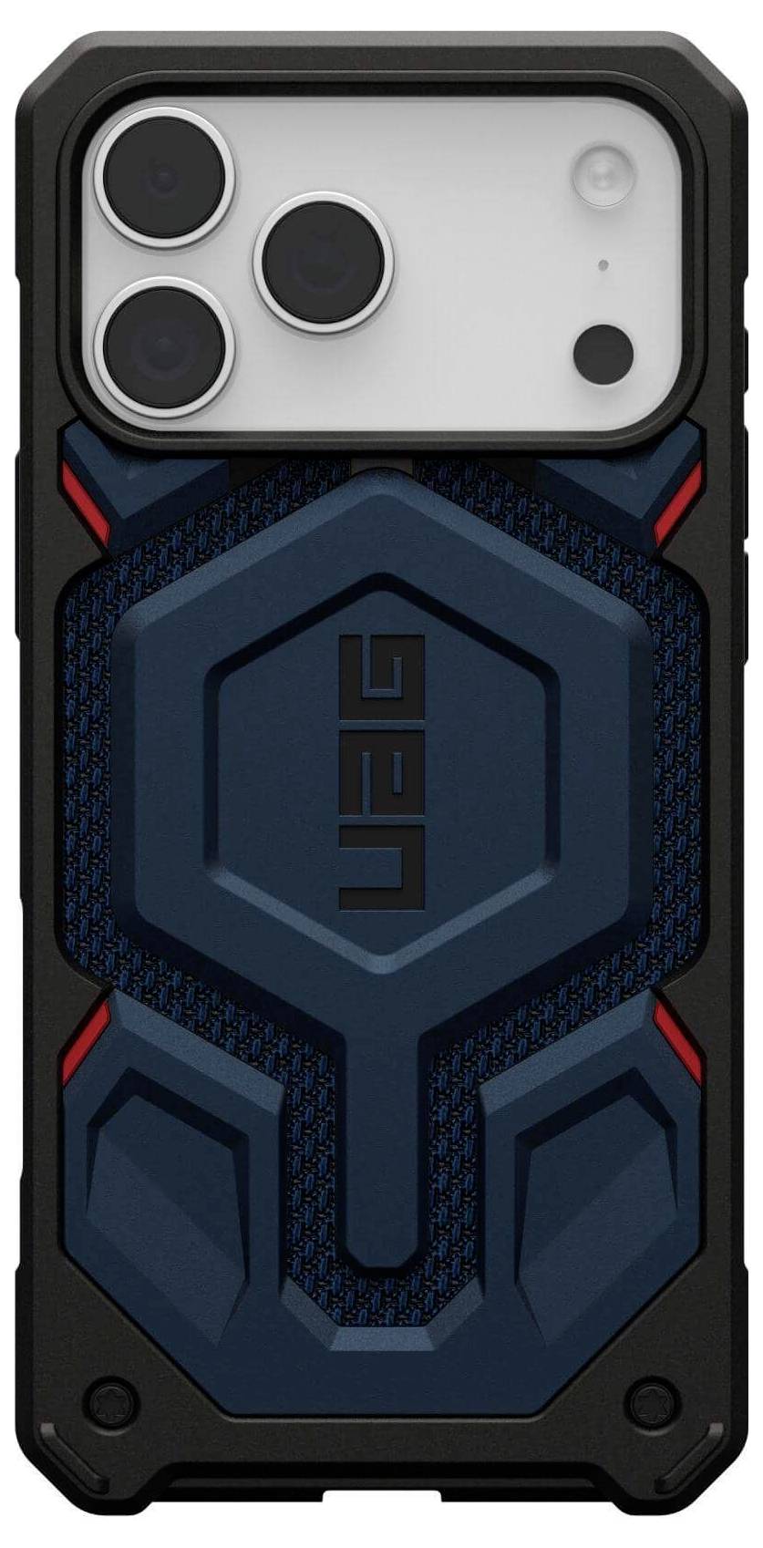 Obraz przedstawia wytrzymały futerał na smartfon o sześciokątnym wzornictwie, w kolorach niebieskim i czarnym, z napisem 'UAG' z tyłu.