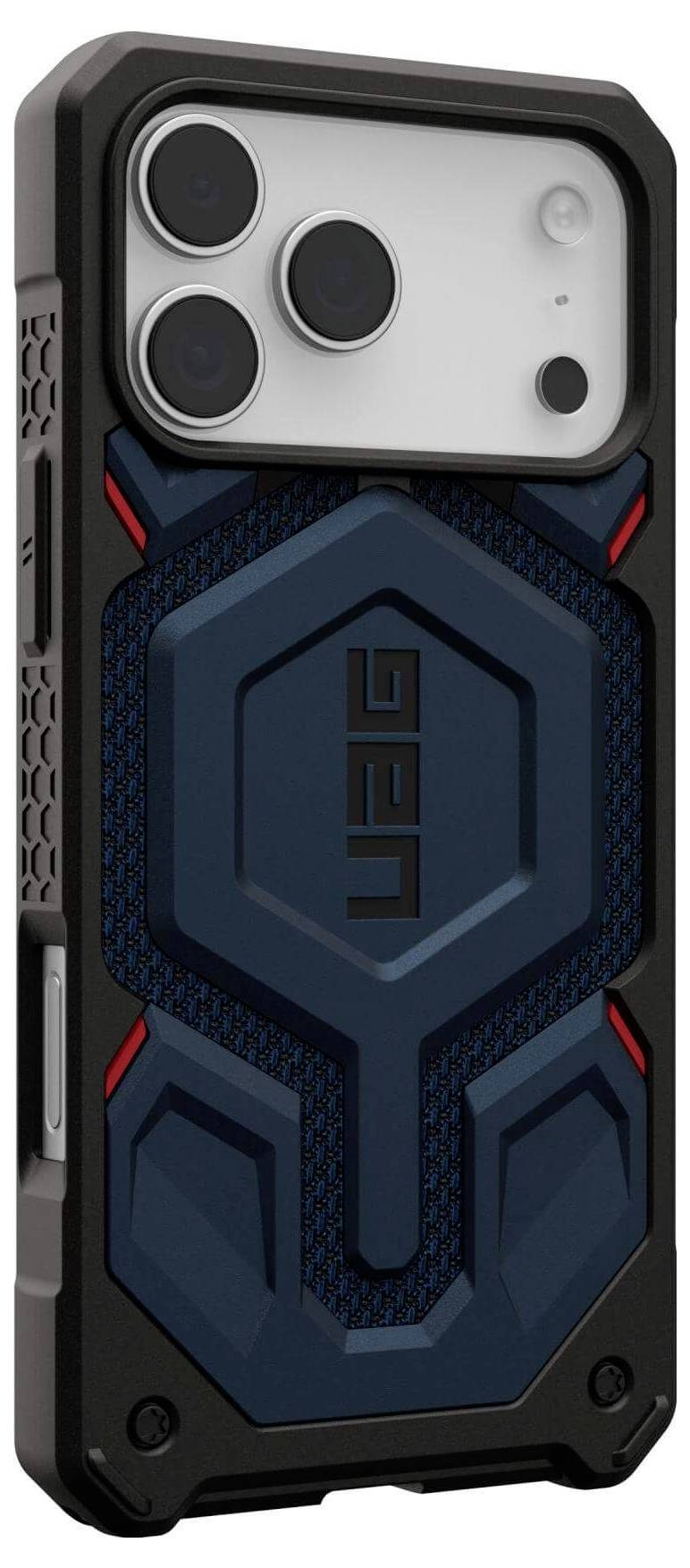 Wytrzymały futerał na telefon charakteryzuje się sześciokątnym wzorem z niebieskimi i czarnymi akcentami, osłaniający smartfon z podwójnym aparatem.