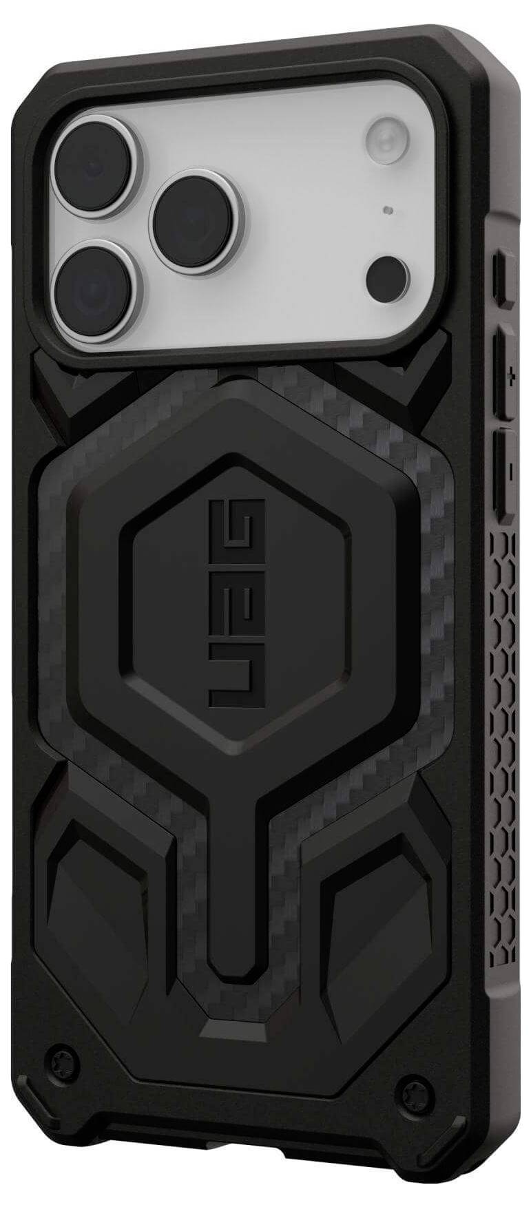 Wytrzymały, czarny pokrowiec na smartfon z teksturowanymi detalami, zaprojektowany do ochrony aparatu i krawędzi, prezentujący solidny, przemysłowy wygląd.