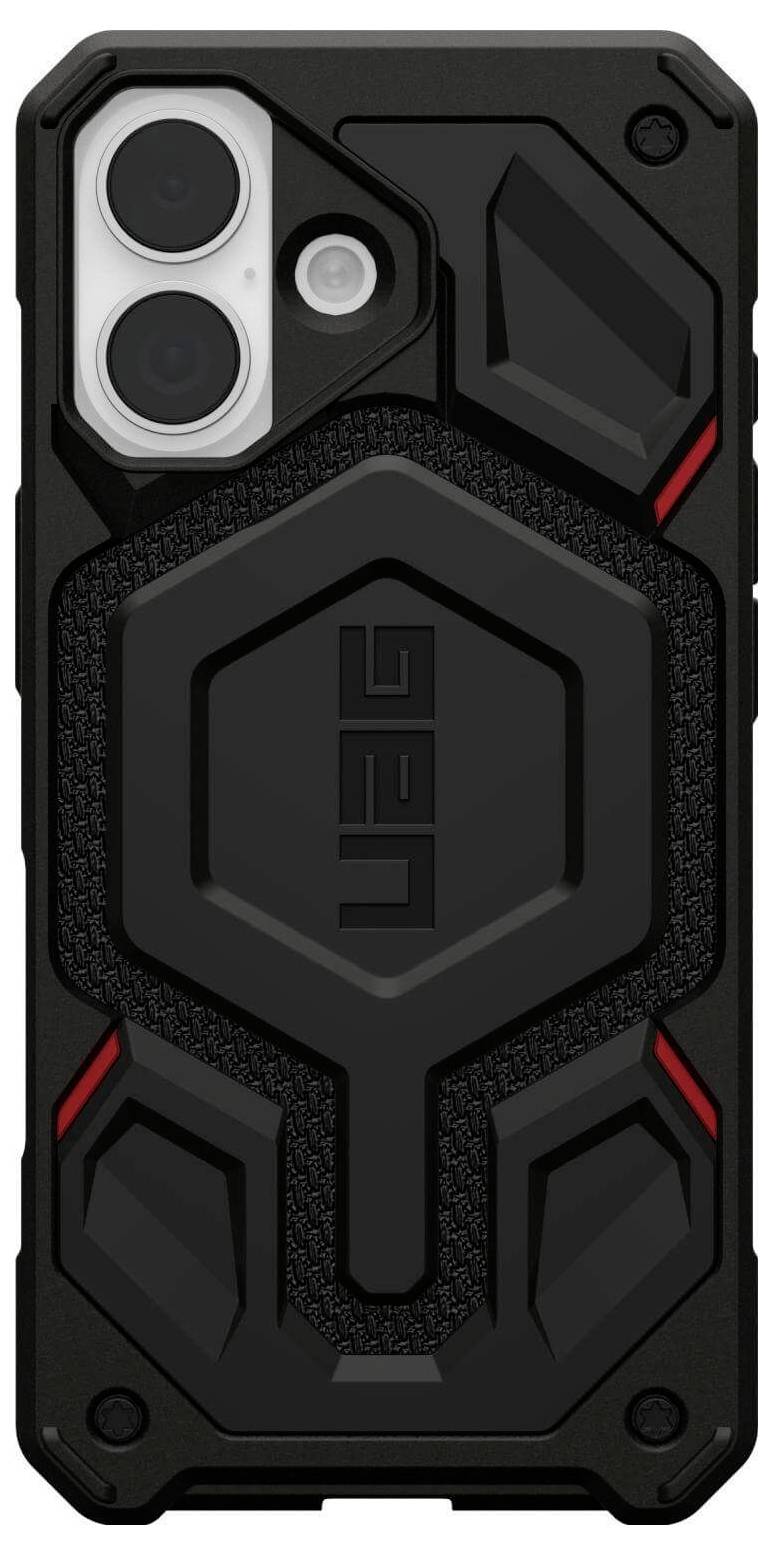 Wytrzymały czarny pokrowiec na smartfona z sześciokątnymi teksturami i czerwonymi akcentami, posiadający dwa wyraźne otwory na obiektywy aparatu w lewym górnym rogu.