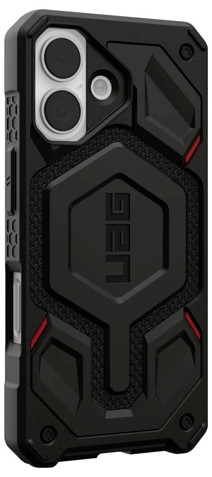 Wytrzymały czarny futerał na telefon z heksagonalnymi wzorami, dwoma otworami na tylne aparaty oraz czerwonymi akcentami; zaprojektowany z myślą o ochronie i stylu.