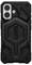 Wytrzymały czarny futerał na telefon z geometrycznym wzorem i logo 'UAG', wyposażony w precyzyjnie wykonane wycięcia na aparat i przyciski.