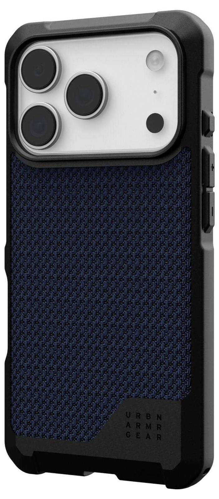 Smartfon z czarno-niebieskim, teksturowanym etui ochronnym, wyposażony w trzy obiektywy aparatu w lewym górnym rogu.