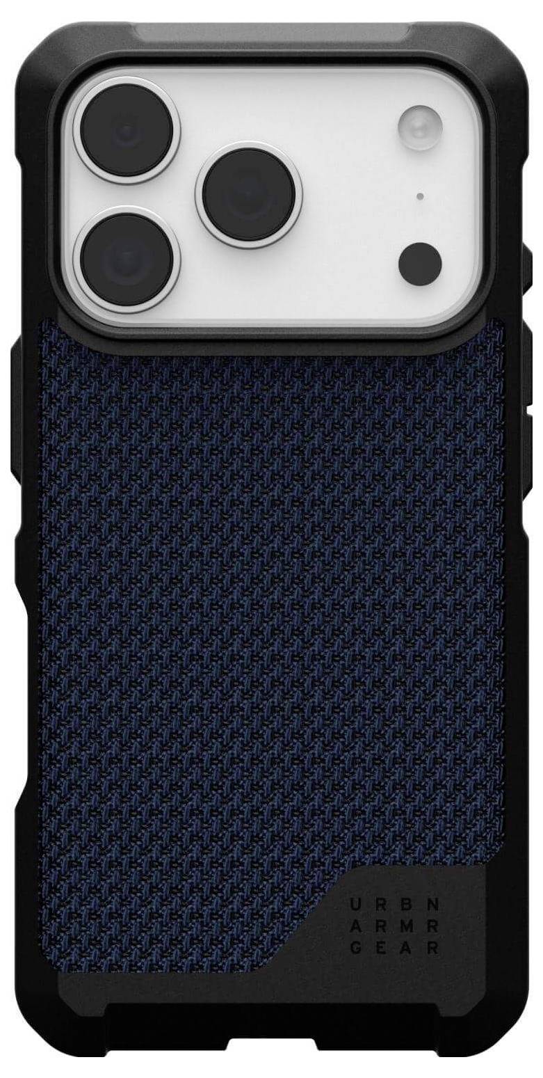 Ochronne etui na smartfona z teksturowanym wzorem w kolorach niebieskim i czarnym, wyposażone w trzy wycięcia na tylne obiektywy aparatu, zaprojektowane z myślą o wytrzymałości.