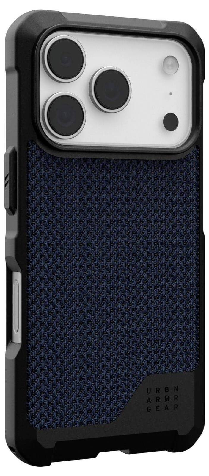 Etui na telefon z teksturowanym niebieskim materiałowym tyłem i czarnymi wzmocnionymi krawędziami, zaprojektowane do smartfona z wysuniętym modułem aparatu.