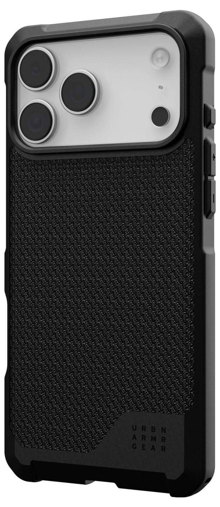 Czarny ochronny pokrowiec na telefon z teksturowaną tylną częścią, zaprojektowany dla urządzenia z trzema obiektywami tylnej kamery, oznaczony etykietą 'Urban Armor Gear'.