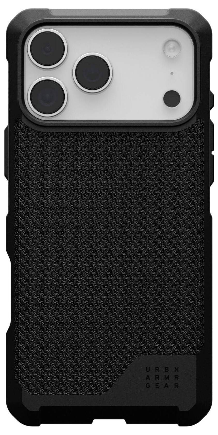 Telefon w czarnej, wytrzymałej obudowie z teksturowanym tyłem, podwójnymi obiektywami kamery, pojedynczą diodą LED do lampy błyskowej i logo w prawym dolnym rogu.