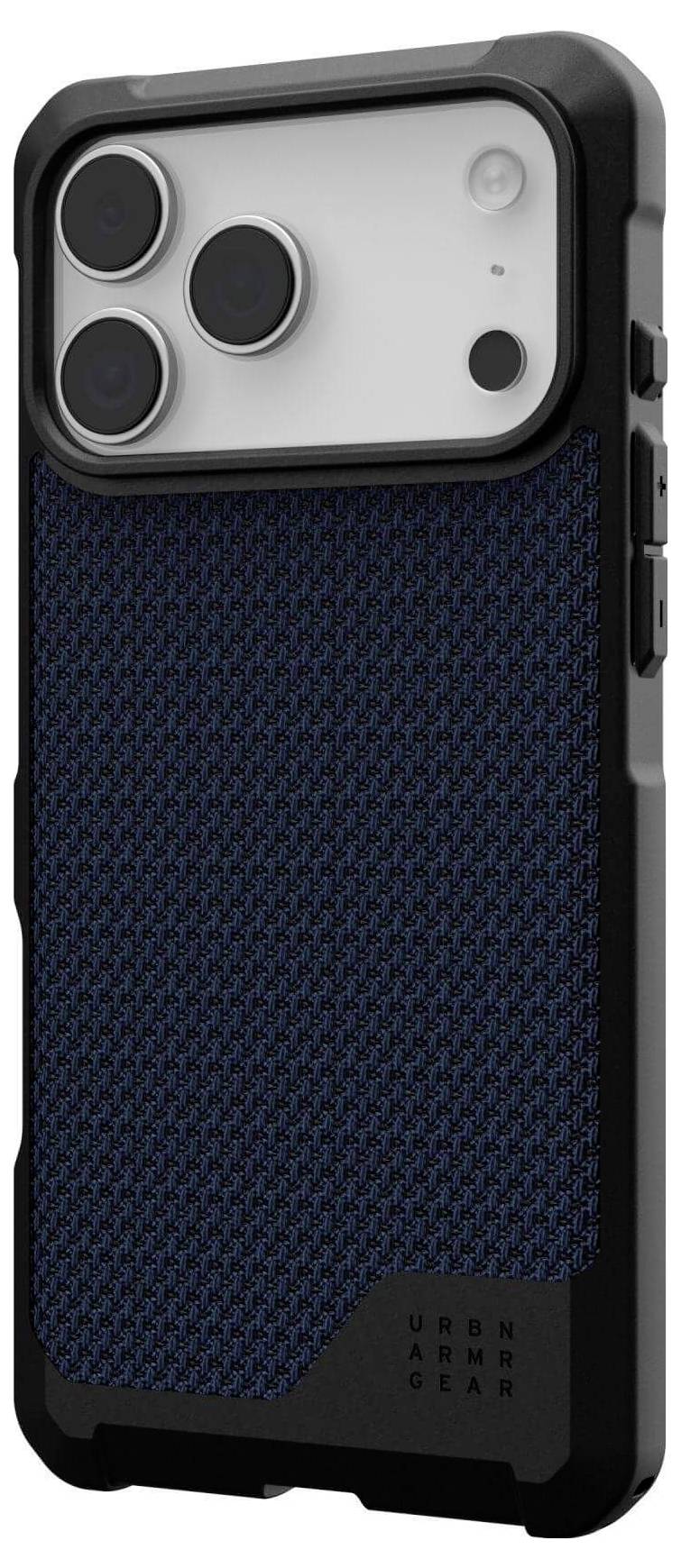 Smartfon z wytrzymałą obudową w kolorach czarnym i niebieskim, wyposażony w strukturyzowany tył oraz potrójny zestaw kamer.