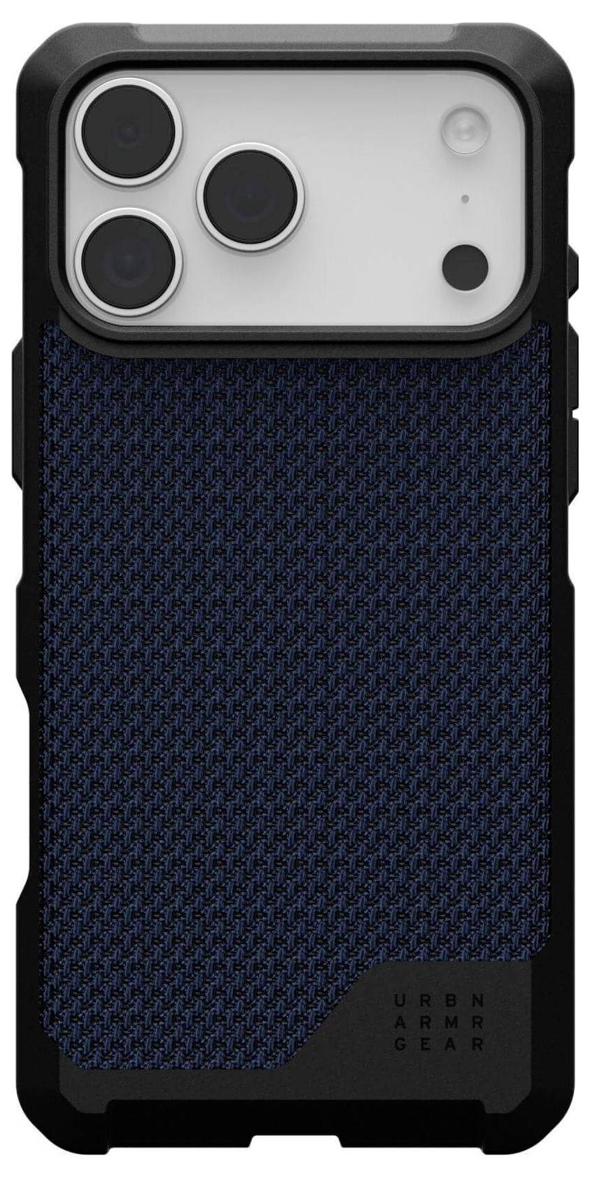 Wytrzymały futerał na telefon z czarno-niebieskim, teksturowanym tyłem, posiadający trzy otwory na obiektywy aparatu i nazwę marki w rogu.