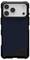 Wytrzymały futerał na telefon z czarno-niebieskim, teksturowanym tyłem, posiadający trzy otwory na obiektywy aparatu i nazwę marki w rogu.
