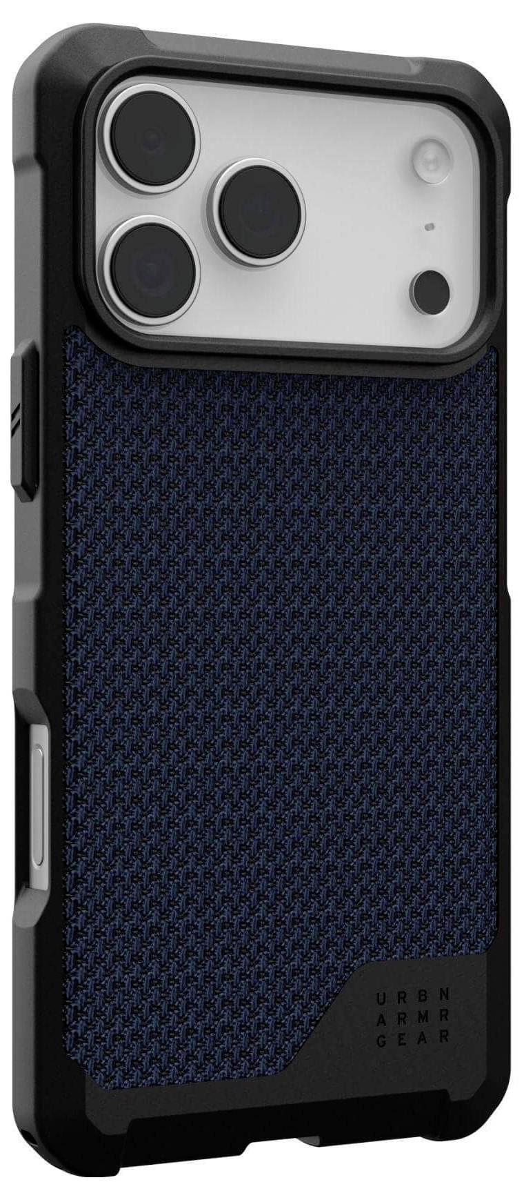 Czarny pokrowiec na smartfona z teksturowanym, granatowym tyłem i wzmocnionymi krawędziami, z wycięciami na aparat i przyciski.