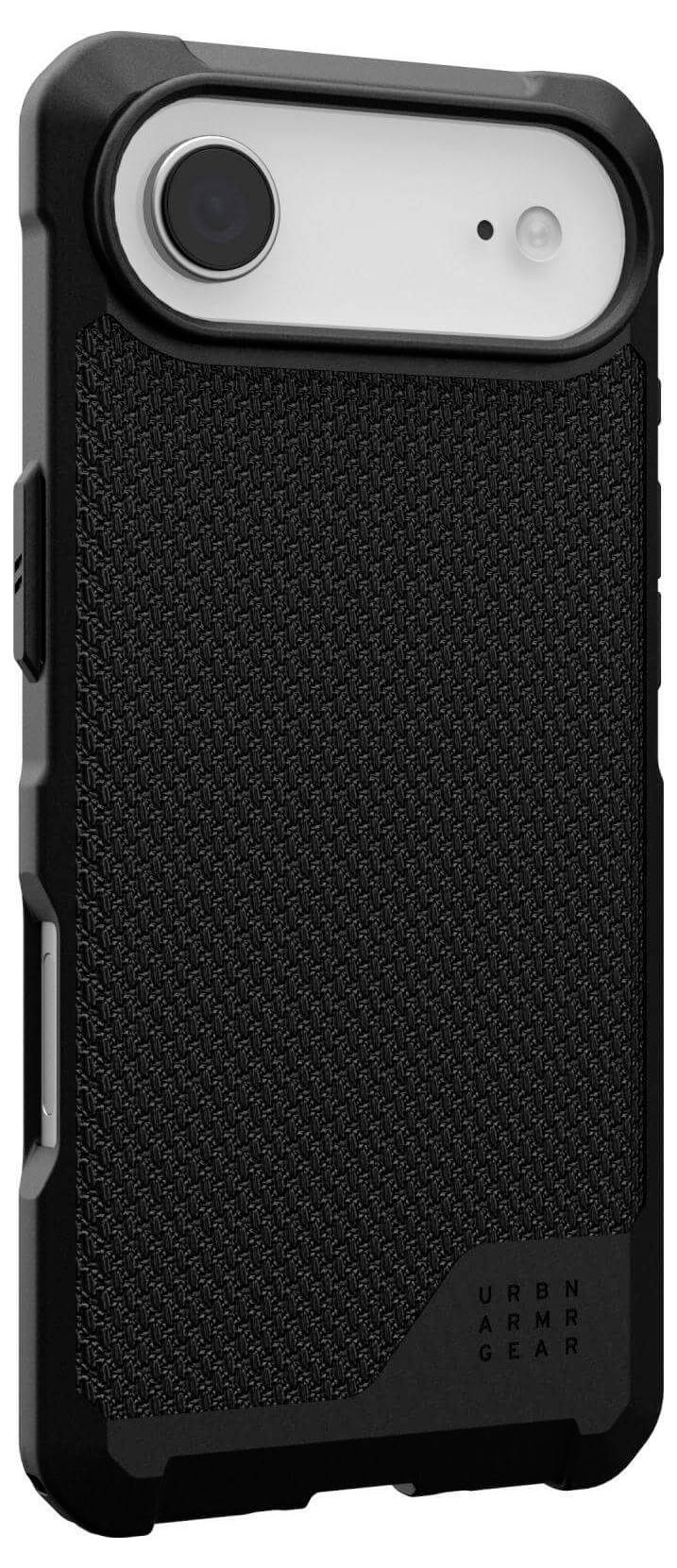 Czarny, teksturowany pokrowiec na telefon o wytrzymałej konstrukcji, z precyzyjnymi wycięciami na aparat i przyciski, zapewnia ochronę i pewny chwyt.