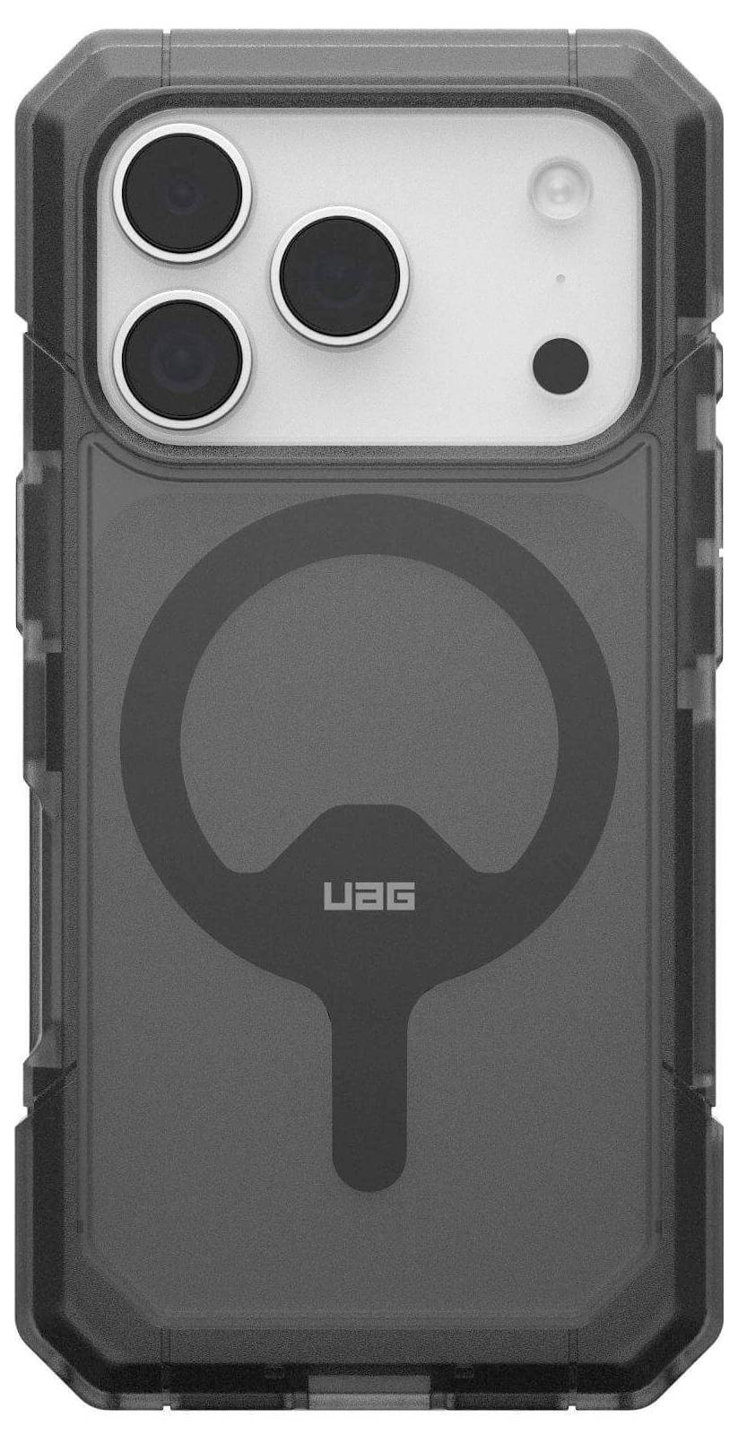 Wytrzymały futerał na smartfona z przezroczystą tylną częścią, ukazujący okrągły wzór i logo marki na środku. Widoczne są trzy obiektywy aparatu.