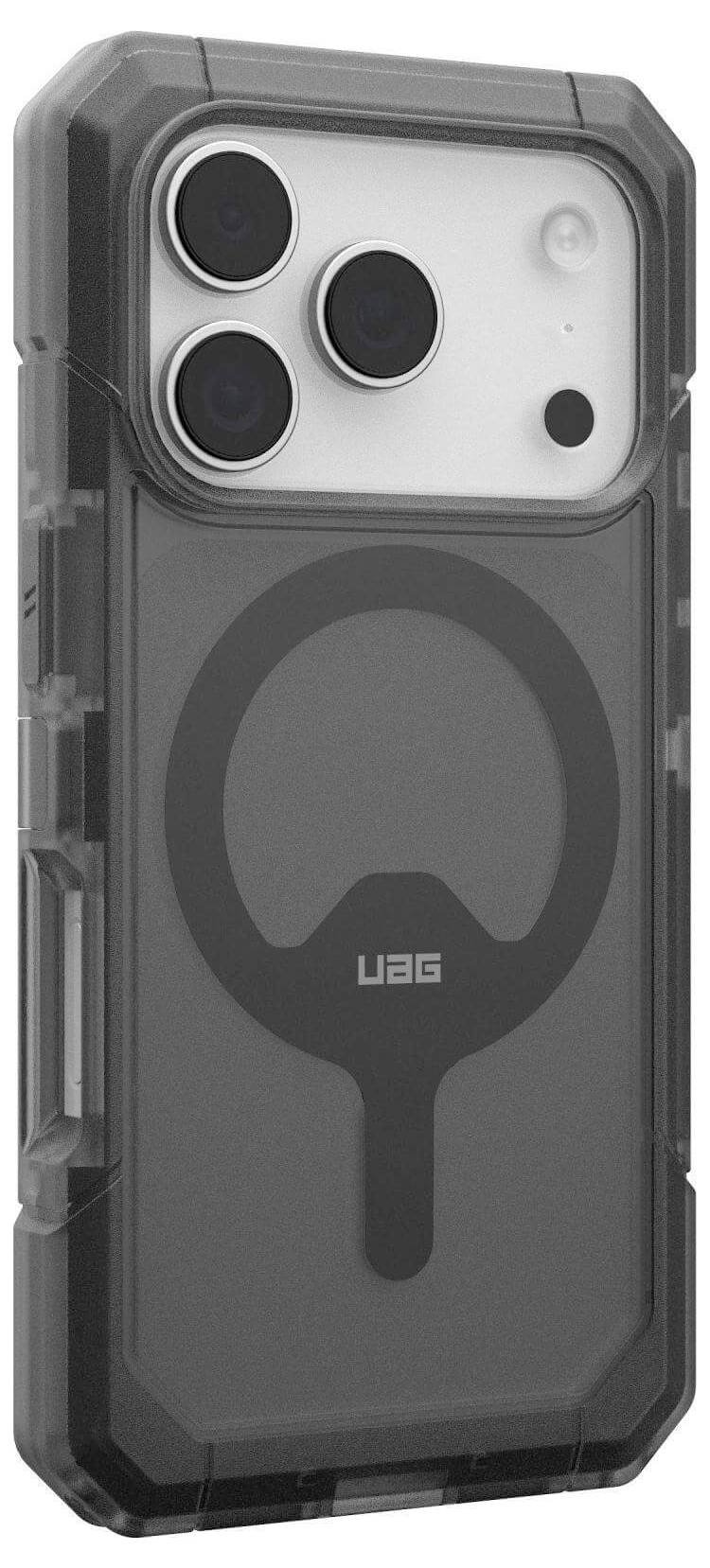 Wytrzymały futerał na smartfona z wzmocnionymi narożnikami, przezroczystym tyłem oraz okrągłym pierścieniem magnetycznym wycentrowanym na tylnym panelu.