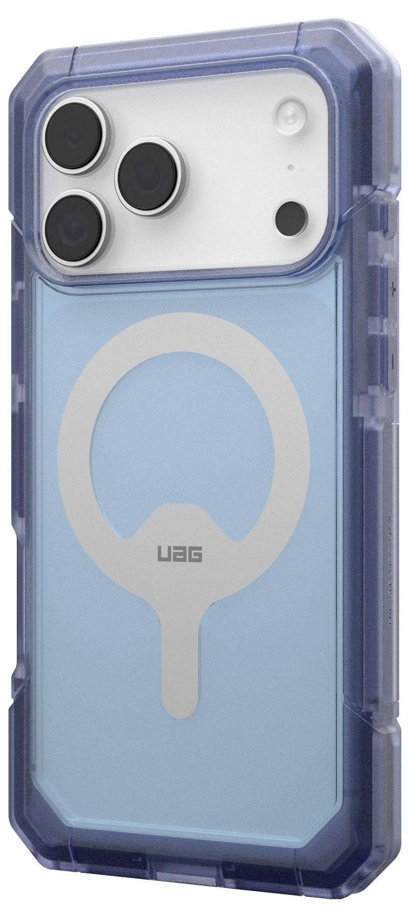 Smartfon w niebieskim etui ochronnym z przezroczystym tyłem z trzema obiektywami aparatu jest wyeksponowany, podkreślając jego wytrzymałość i design.