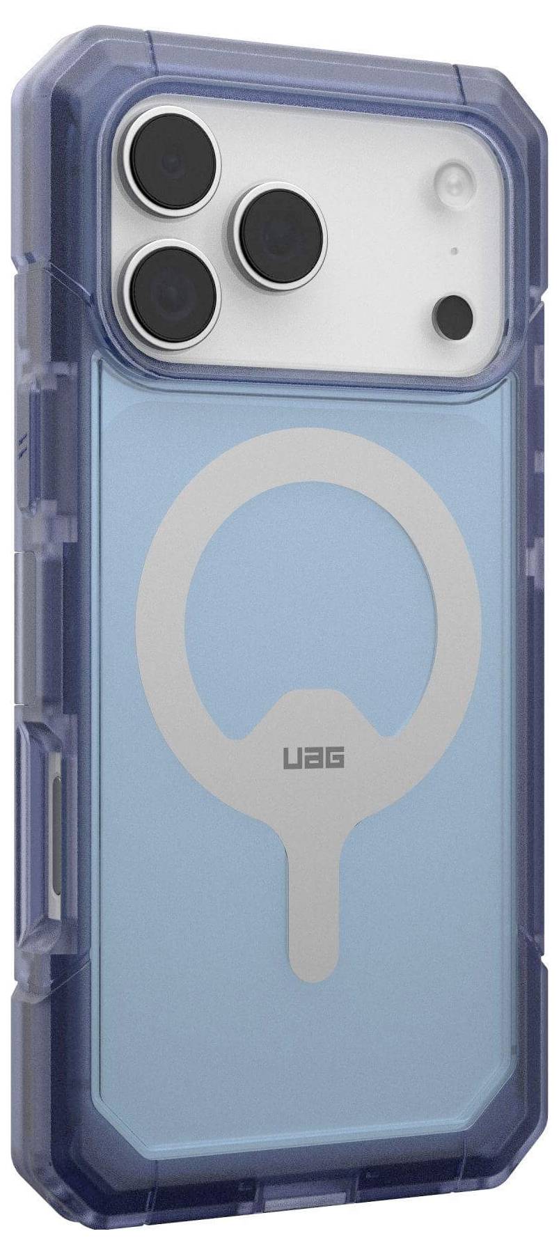Etui na telefon z przezroczystym niebieskim tyłem i okrągłą konstrukcją MagSafe jest przedstawione. Posiada wytrzymałe krawędzie i trzy otwory na tylne aparaty.