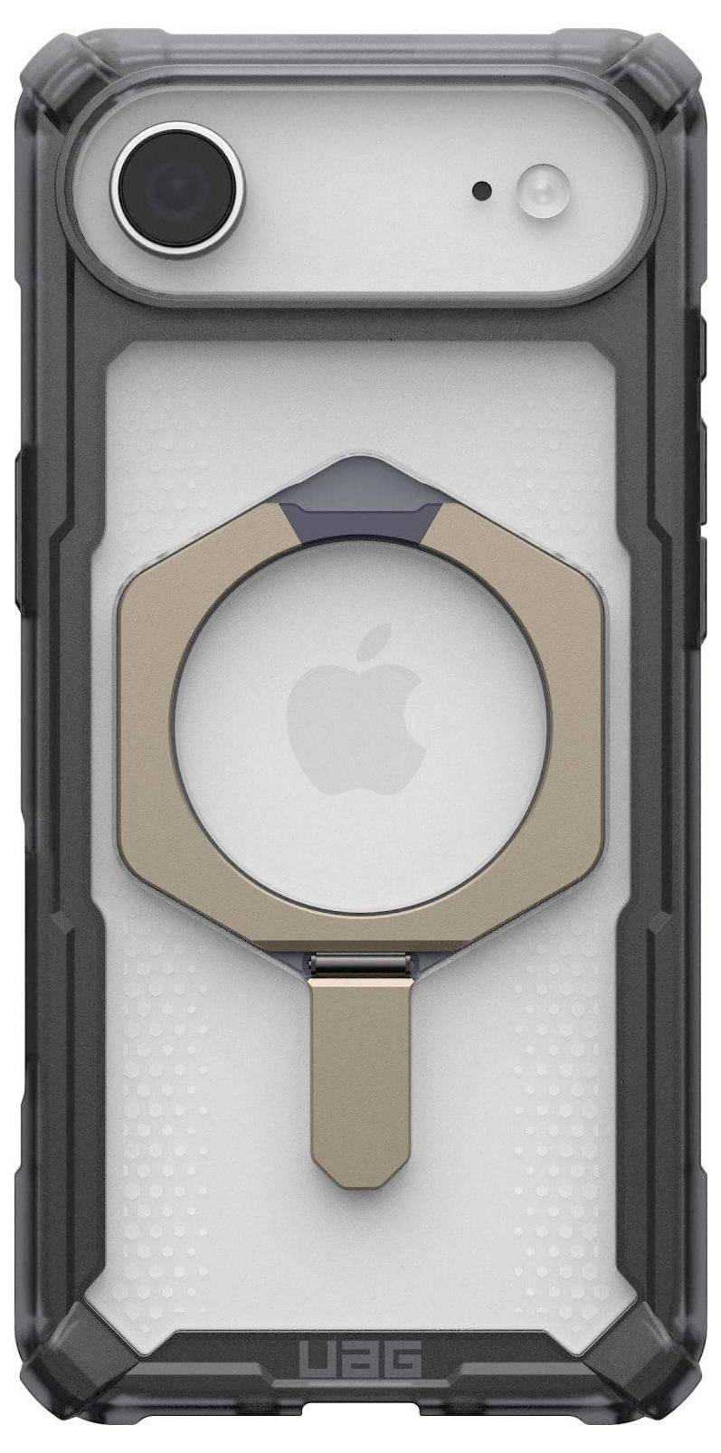 Widok z tyłu smartfona w obudowie ochronnej z zamocowanym okrągłym uchwytem pierścieniowym, przedstawiający obiektyw aparatu i logo.