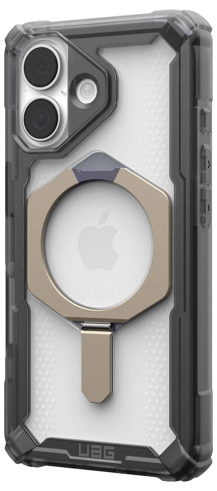 Wytrzymały futerał na telefon z wbudowanym złotym pierścieniem ułatwiającym chwyt, przeznaczony do iPhone'a. Pokrowiec jest transparentny z czarnymi krawędziami.