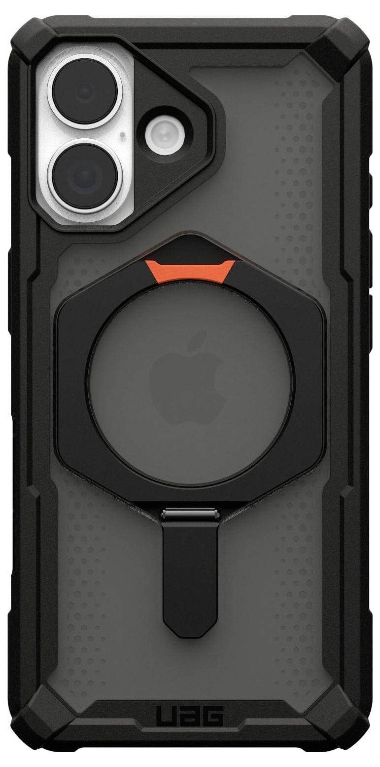 Wytrzymały czarny futerał na telefon z podwójnymi aparatami, uchwytem pierścieniowym oraz widocznym logo Apple z tyłu, zaprojektowany z myślą o wytrzymałości i pewnym uchwycie.