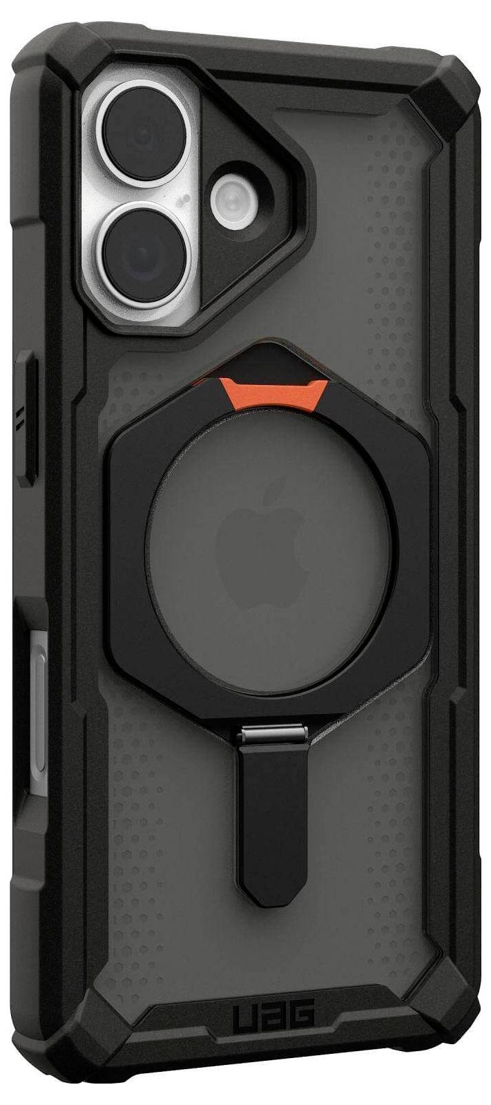 Wytrzymały, czarny futerał na telefon z widocznymi podwójnymi tylnymi aparatami fotograficznymi, z wyraźnym pierścieniowym uchwytem oraz logo UAG umieszczonym na dole.