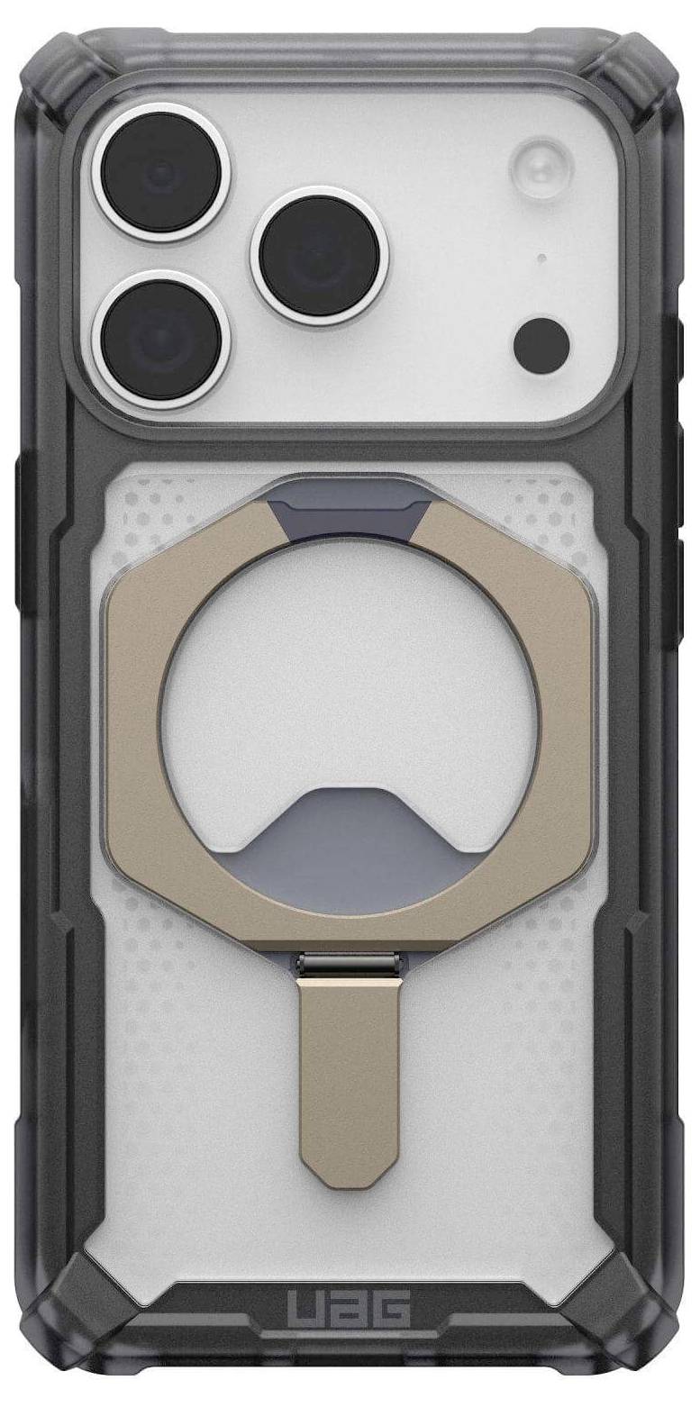 Wytrzymały futerał na smartfona z metalowym podparciem, zaprojektowany do ochrony, wyposażony w przezroczystą tylną część i wzmocnione narożniki.