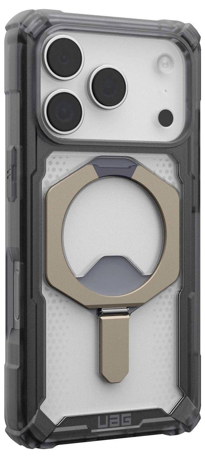 Wytrzymały futerał na telefon z trzema otworami na obiektywy i okrągłym metalowym uchwytem pierścieniowym, zaprojektowany z myślą o ochronie i wygodzie użytkowania.