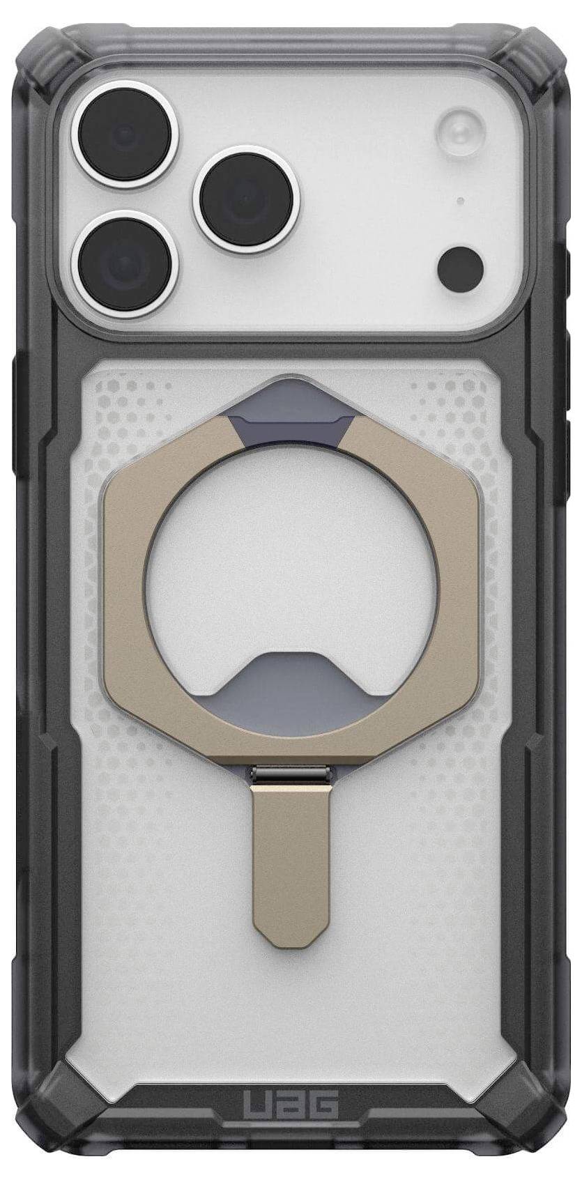 Smartfon z wytrzymałym etui UAG posiada metalowy pierścień na tylnej części, zapewniający chwyt i funkcję podstawki.