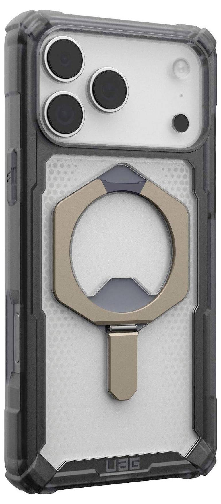 Wytrzymały futerał na smartfona z wyraźnymi wzmocnionymi narożnikami, wyposażony w okrągły metalowy pierścień z tyłu, zapewniający stabilność i pewny chwyt.