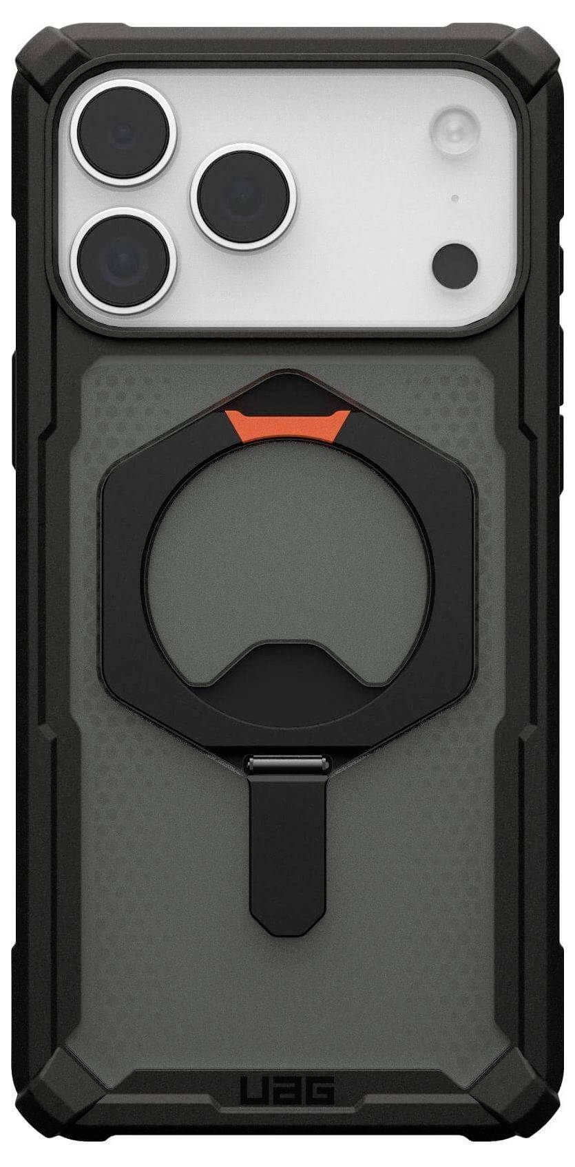 Smartfon w wytrzymałej, czarno-szarej obudowie z okrągłą podstawką na tylnej części, zaprojektowany z myślą o trwałości i poprawie uchwytu.