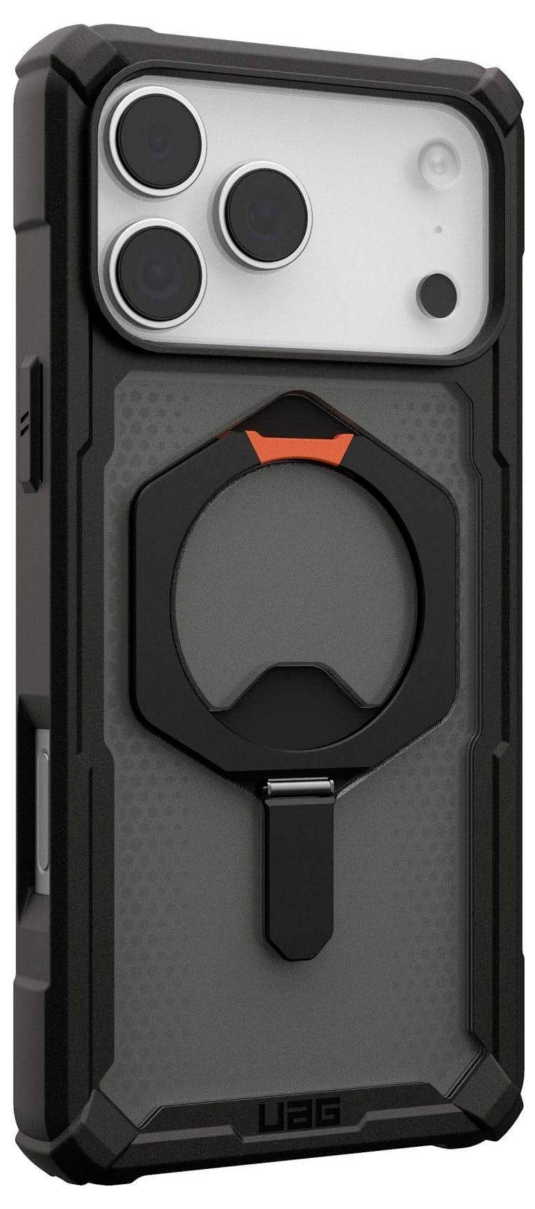 Wytrzymały futerał na smartfon z wyeksponowaną strefą aparatu oraz okrągłym pierścieniem uchwytu na plecach, podkreślający jego solidną konstrukcję.