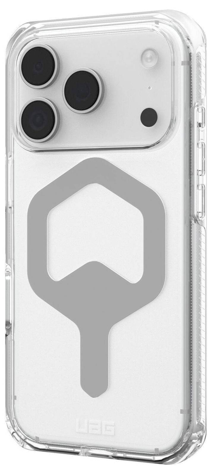 Przezroczysty pokrowiec na telefon z dużą srebrną emblemat na tylnej stronie. Etui jest przedstawione nałożone na biały smartfon z trzema obiektywami aparatu.