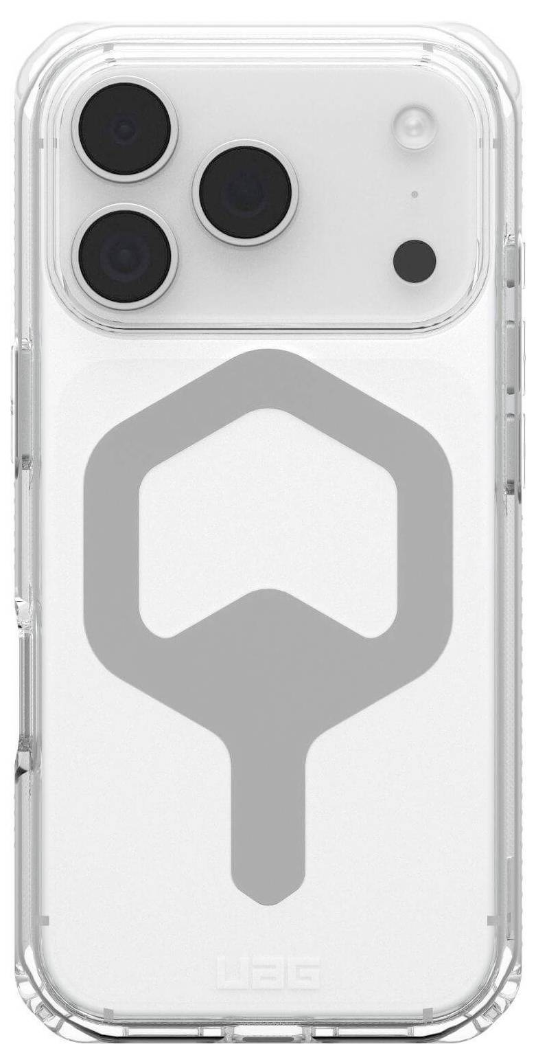 Przezroczysta obudowa smartfona z trzema dużymi obiektywami aparatu jest wyświetlana, z centralnym szarym emblematem przypominającym stylizowany zamek.