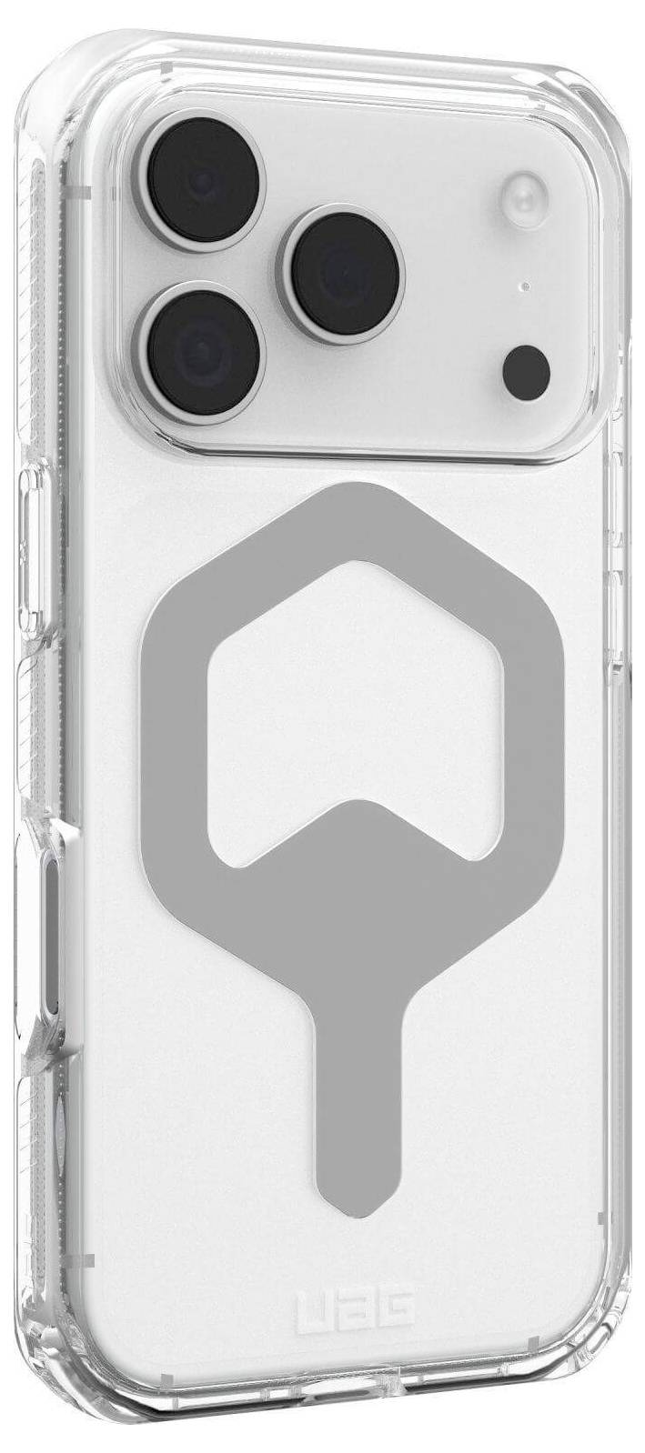 Przezroczysty pokrowiec na telefon z dużymi wycięciami na trzy obiektywy aparatu i lampę błyskową, prezentujący centralny, szary wzór geometryczny.