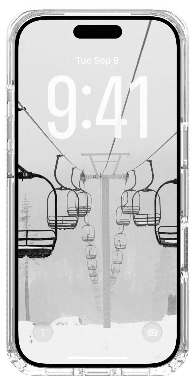 Smartfon wyświetla godzinę 9:41 dnia 9 września. Jego tapeta przedstawia czarno-białe zdjęcie pustych krzeseł wyciągu narciarskiego wspinających się we mgle.