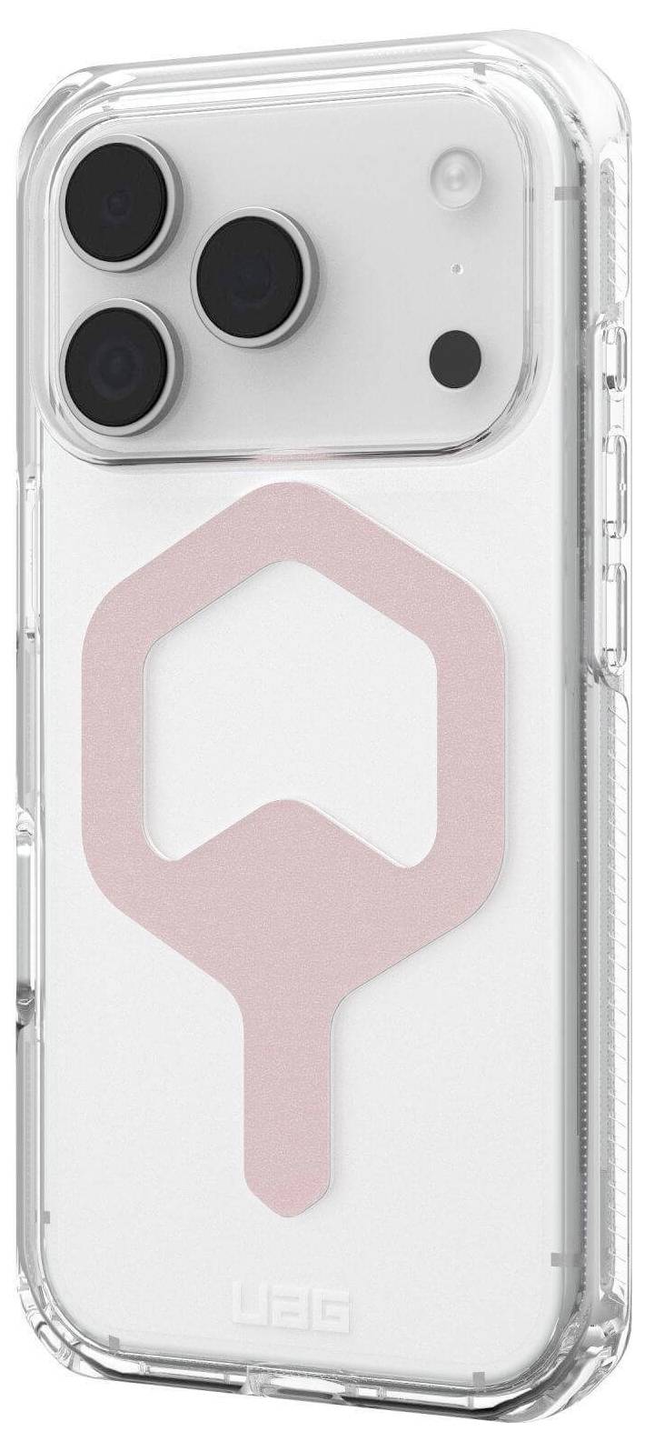 Przezroczyste etui na telefon z trzema dużymi wycięciami na obiektywy aparatu oraz różowym wzorem geometrycznym na tylnej części, dopasowane do konkretnego modelu smartfona.