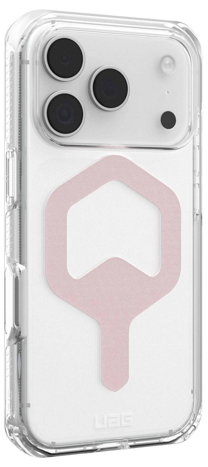 Przezroczyste etui na telefon z trzema dużymi otworami na aparaty, różowym wzorem uchwytu i logo 'UAG'.