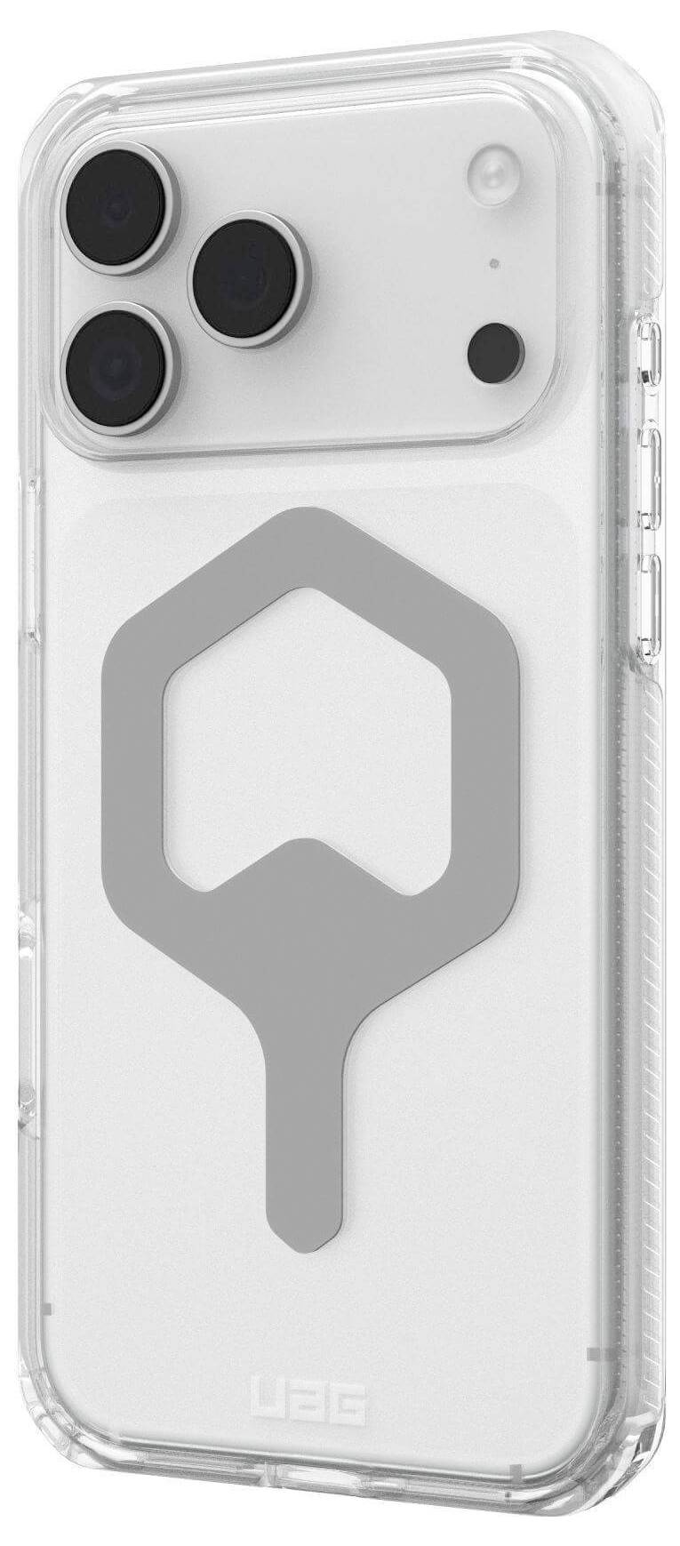 Biały smartfon z przezroczystą obudową ochronną, na tylnej stronie którego widnieje duży szary sześciokątny logotyp, ustawiony pod kątem widoku od tyłu.