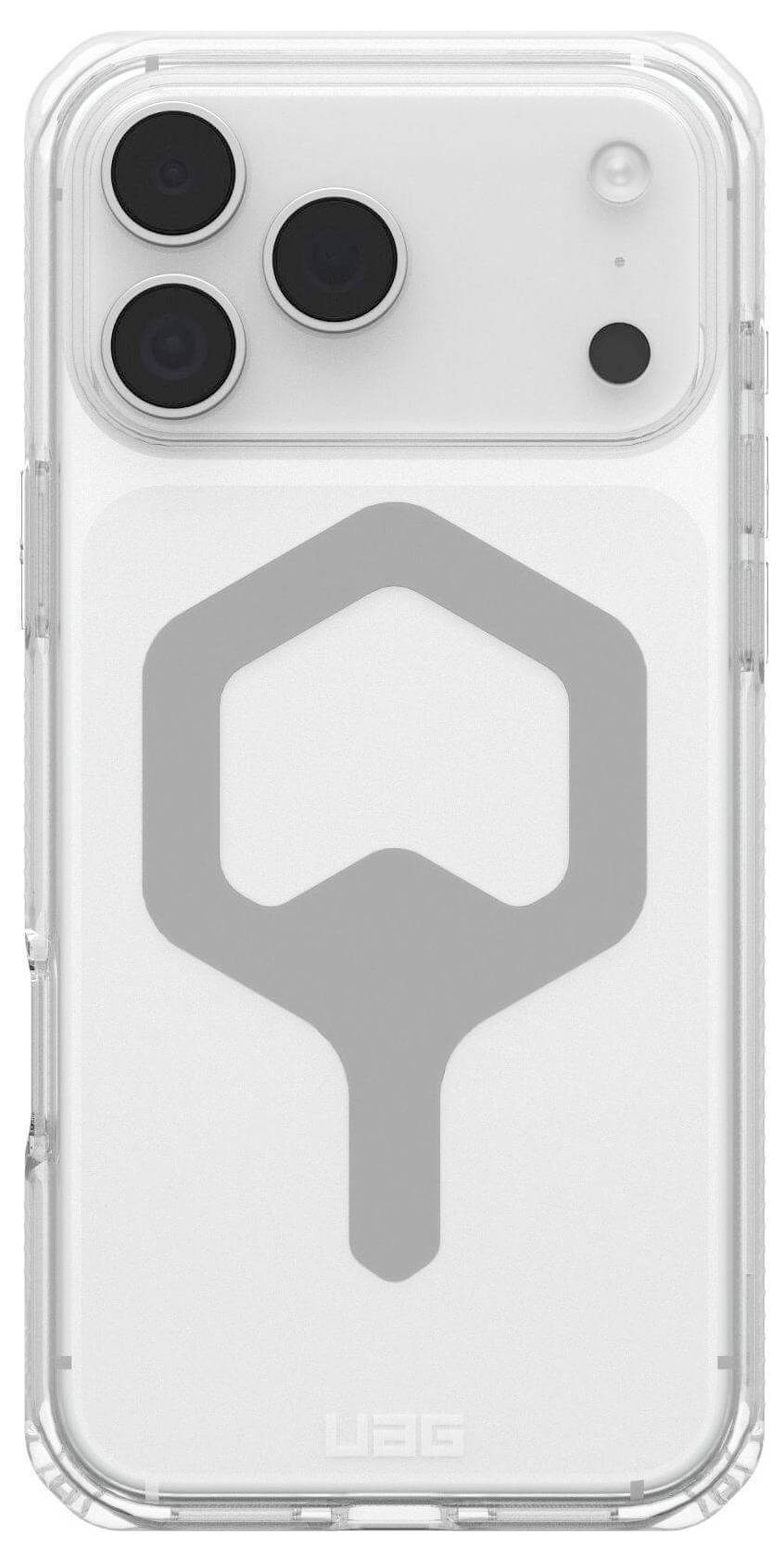 Smartfon w przezroczystej obudowie ochronnej z trzema obiektywami aparatu w lewym górnym rogu i geometrycznym wzorem na tylnej części.