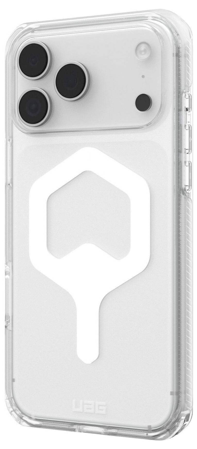 Przezroczysty futerał na telefon z wyraźnym białym wzorem geometrycznym, składającym się z trzech kół i kształtu przypominającego kroplę, zaprojektowany do smartfona z trzema aparatami.