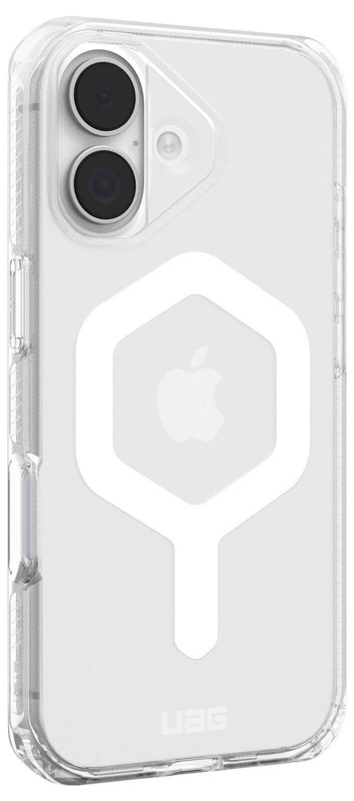 Przezroczysty futerał na telefon z geometrycznym wzorem na tylnej części, wyposażony w podwójne wycięcie na aparaty i logo Apple pośrodku.