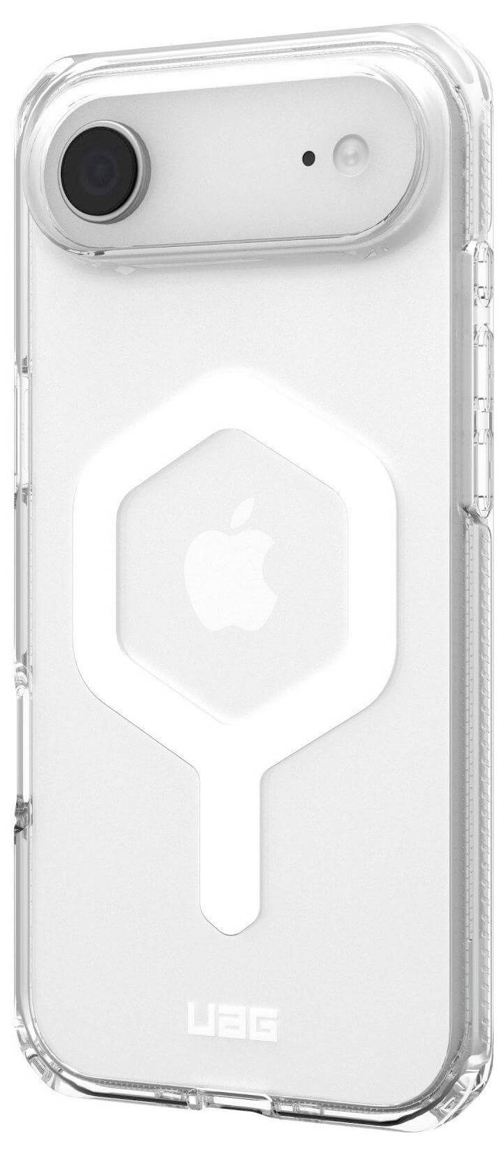 Przezroczysty pokrowiec na smartfona z widoczną ochronną wyściółką i wyraźnym sześciokątnym wzorem z tyłu, eksponującym logo urządzenia.