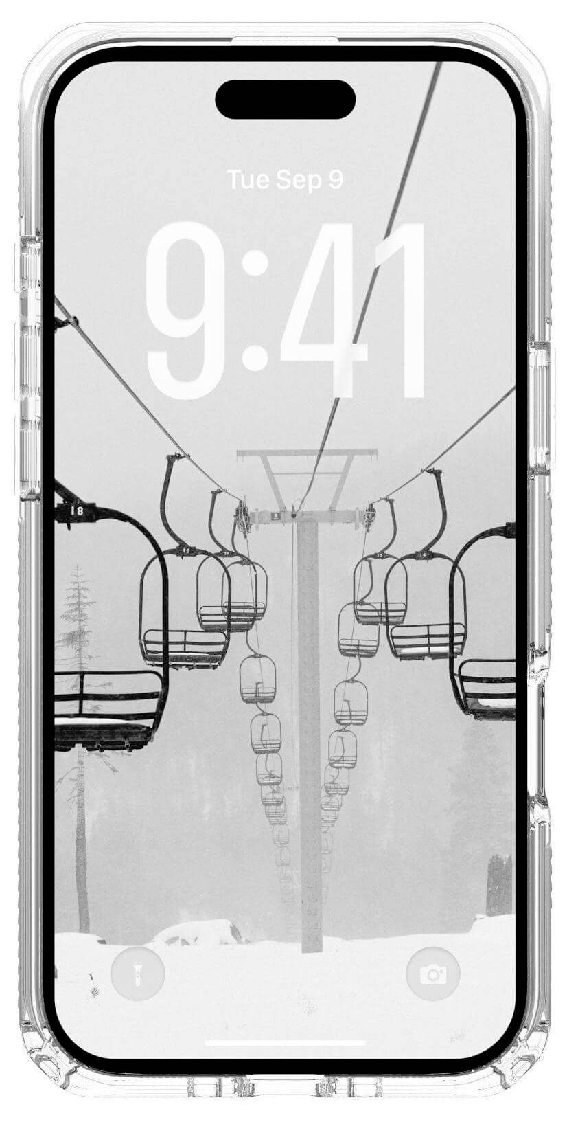 Na ekranie smartfona wyświetlana jest godzina '9:41' i data 'Wt Wrz 9' nad czarno-białym zdjęciem pustych krzeseł wyciągu narciarskiego w mglistej pogodzie.