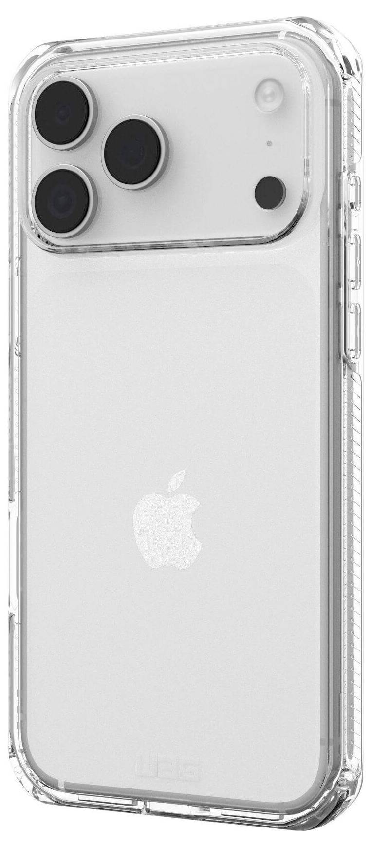 Przezroczyste etui na telefon obejmuje smartfon z trzema widocznymi obiektywami aparatu z tyłu, prezentując elegancki design i logo Apple.