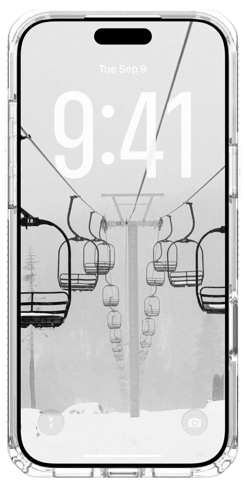 Smartfon wyświetlający czarno-biały obraz pustego wyciągu narciarskiego na ekranie, z godziną '9:41' i datą 'Wt 9 wrz.' w górnej części.