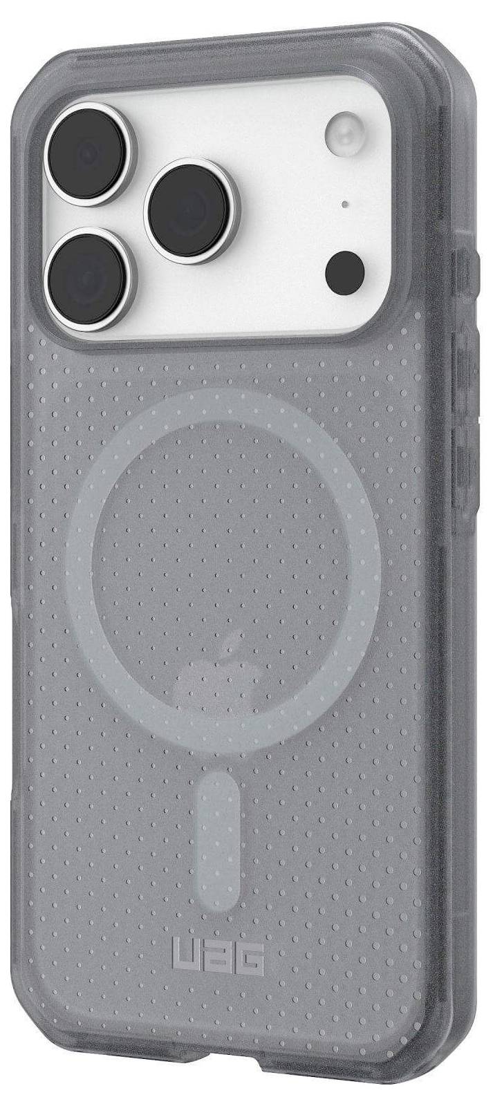 Przezroczysty ochronny pokrowiec na telefon z fakturą w kropki, zaprojektowany do modelu iPhone'a z trzema dużymi obiektywami aparatu.